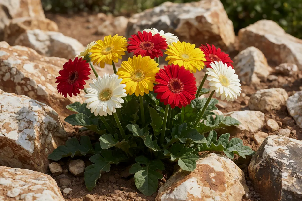G&eacute;rberas de diferentes cores em canteiro de jardim sul-africano