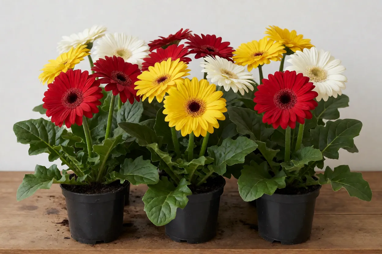 G&eacute;rberas compactas em vasos coloridos em estante de floricultura