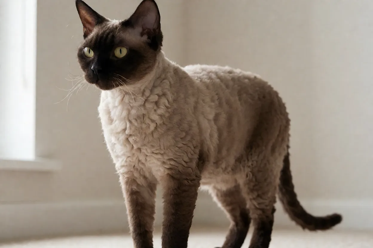 Gato German Rex adulto de corpo inteiro com pelagem curta e encaracolada