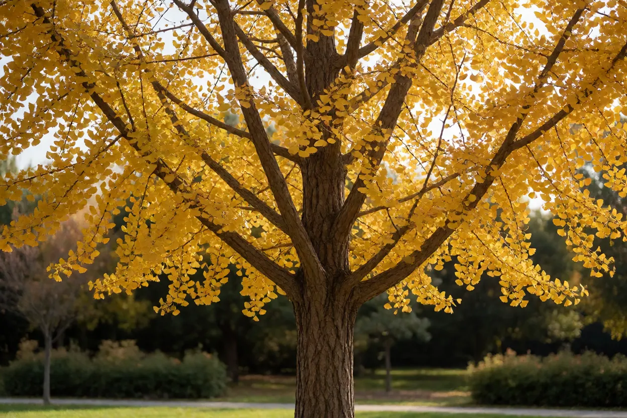 Ginkgo adulto com copa dourada no outono