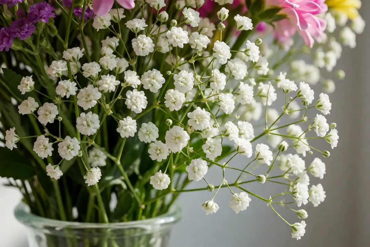 Gips&oacute;fila em arranjo floral e como flor de corte