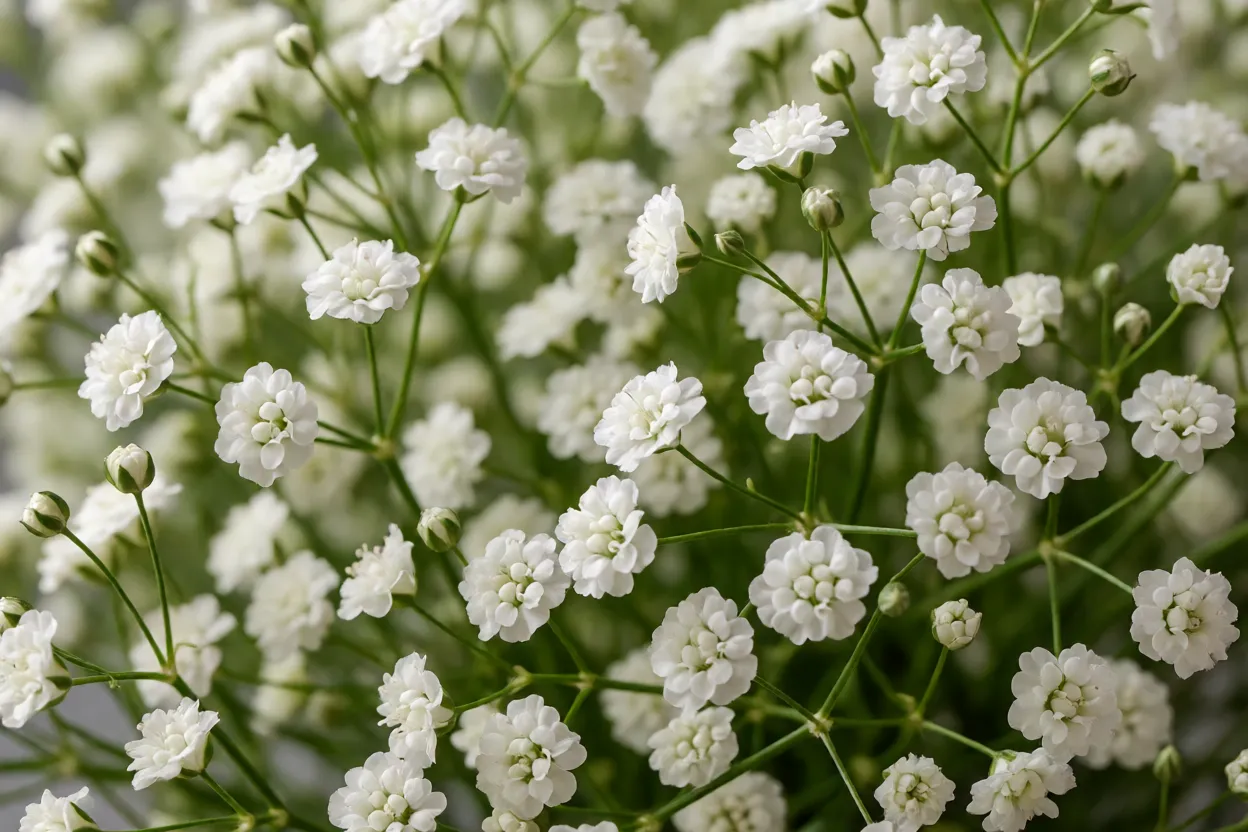 Detalhe das flores min&uacute;sculas brancas da gips&oacute;fila