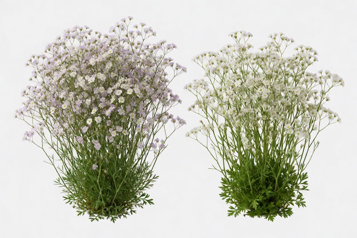 Compara&ccedil;&atilde;o visual entre gips&oacute;fila perene e anual em jardim