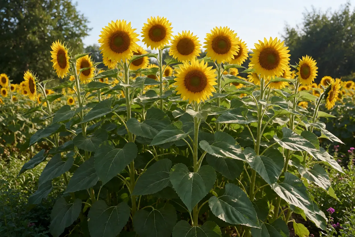 Girassol: como cultivar a flor amarela em vasos e canteiros Canteiro de girassóis altos em floração sob sol pleno