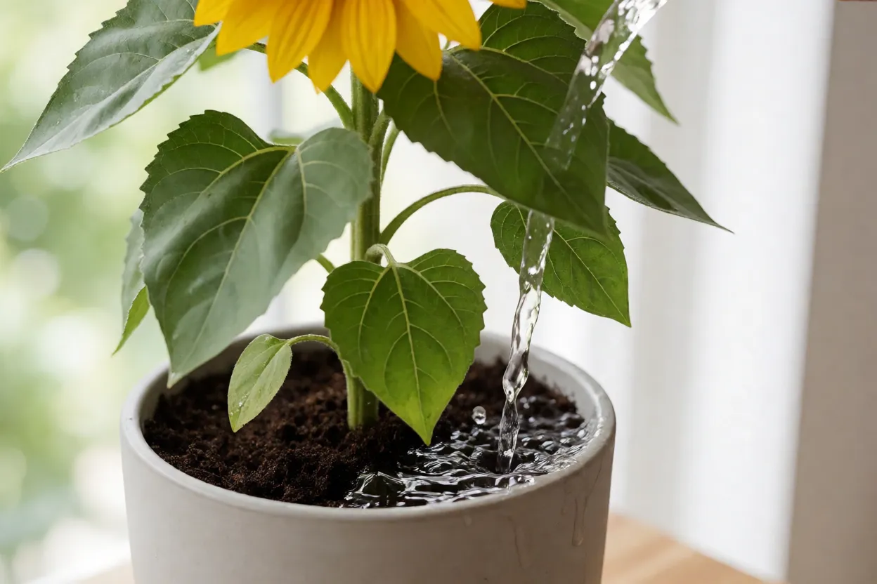 Girassol: como cultivar a flor amarela em vasos e canteiros Rega cuidadosa na base de um girassol em vaso