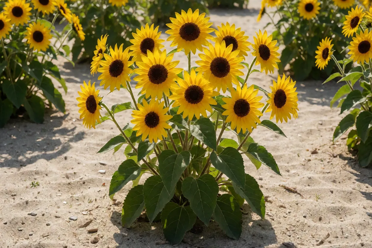 Girassol-da-praia adulto florido em jardim de areia no litoral