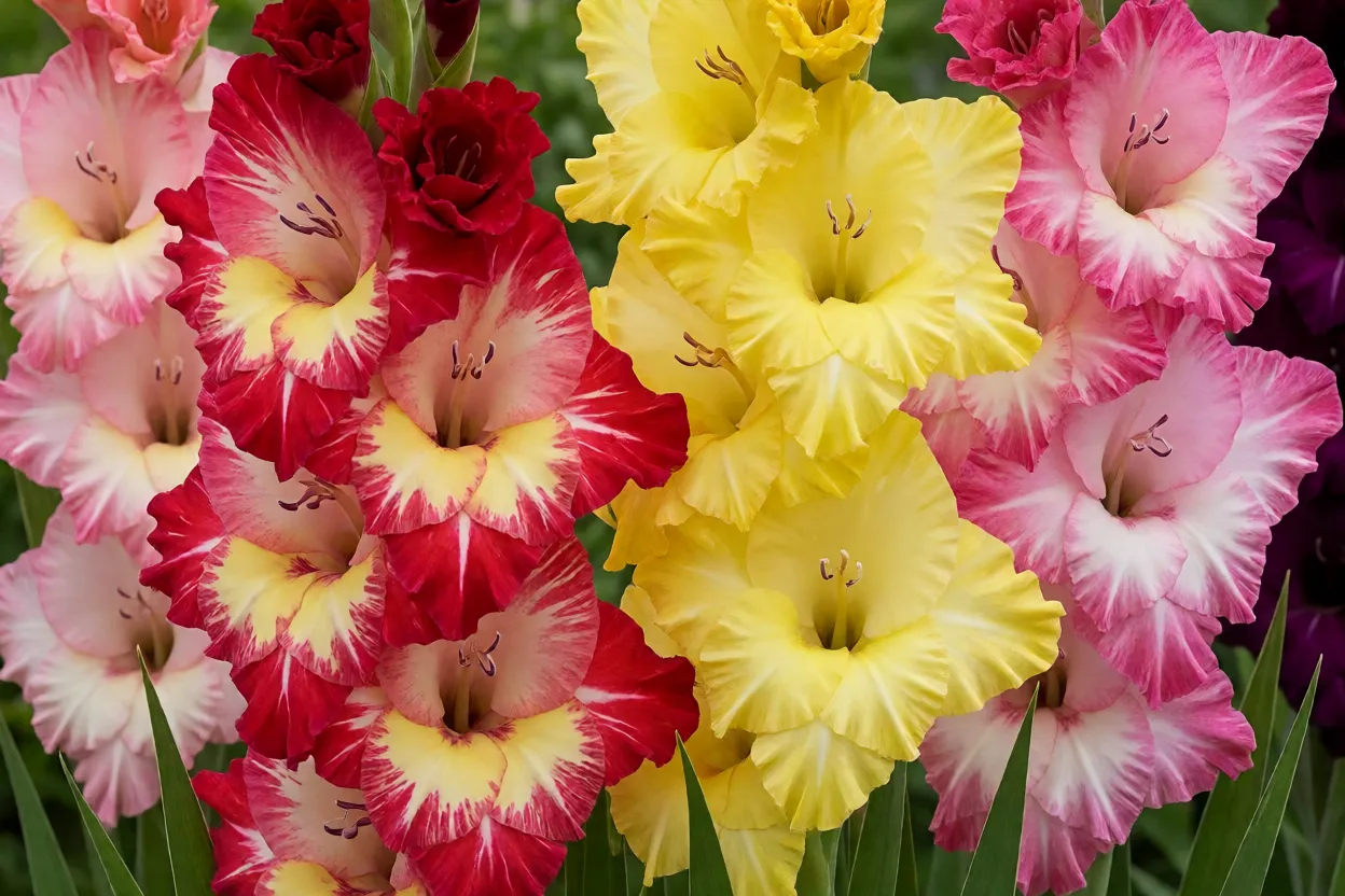 Close-up de flores de glad&iacute;olo em cores variadas e padr&otilde;es bicolores