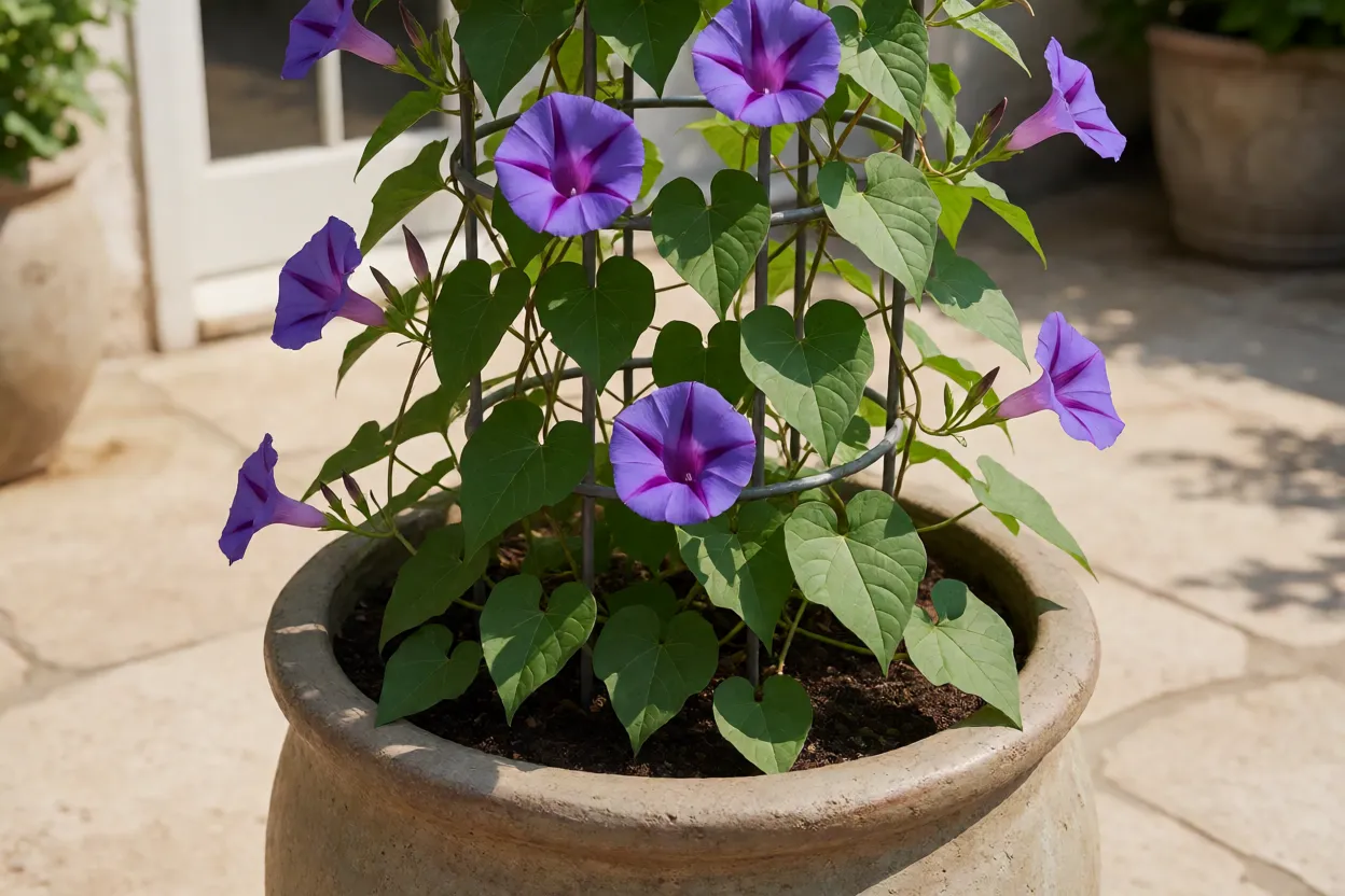 Gl&oacute;ria-da-Manh&atilde; cultivada em vaso com treli&ccedil;a