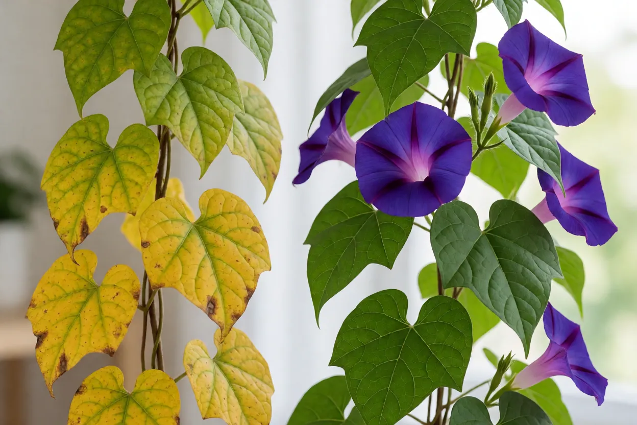 Gl&oacute;ria-da-Manh&atilde; com folhas e flores mostrando sinais de cultivo inadequado