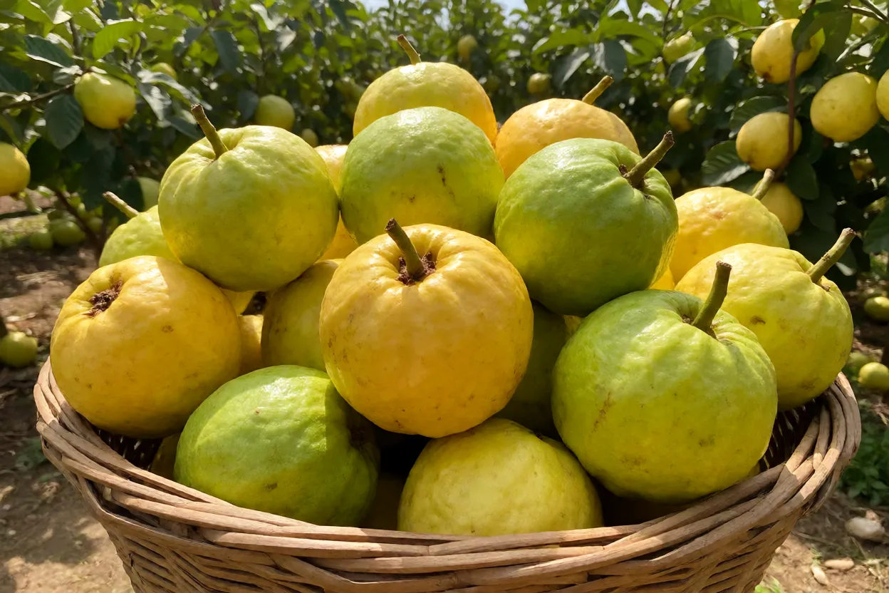 Cesto com colheita de goiabas frescas de casca verde-amarelada