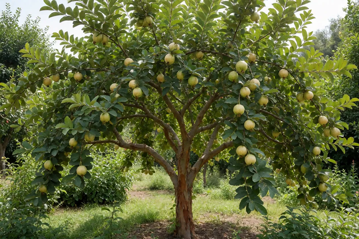 Goiabeira-branca adulta carregada de frutos no quintal