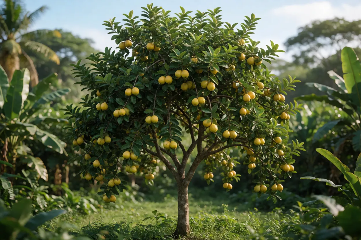 Árvore de goiaba-da-Costa Rica carregada de frutos amarelo-esverdeados no pomar
