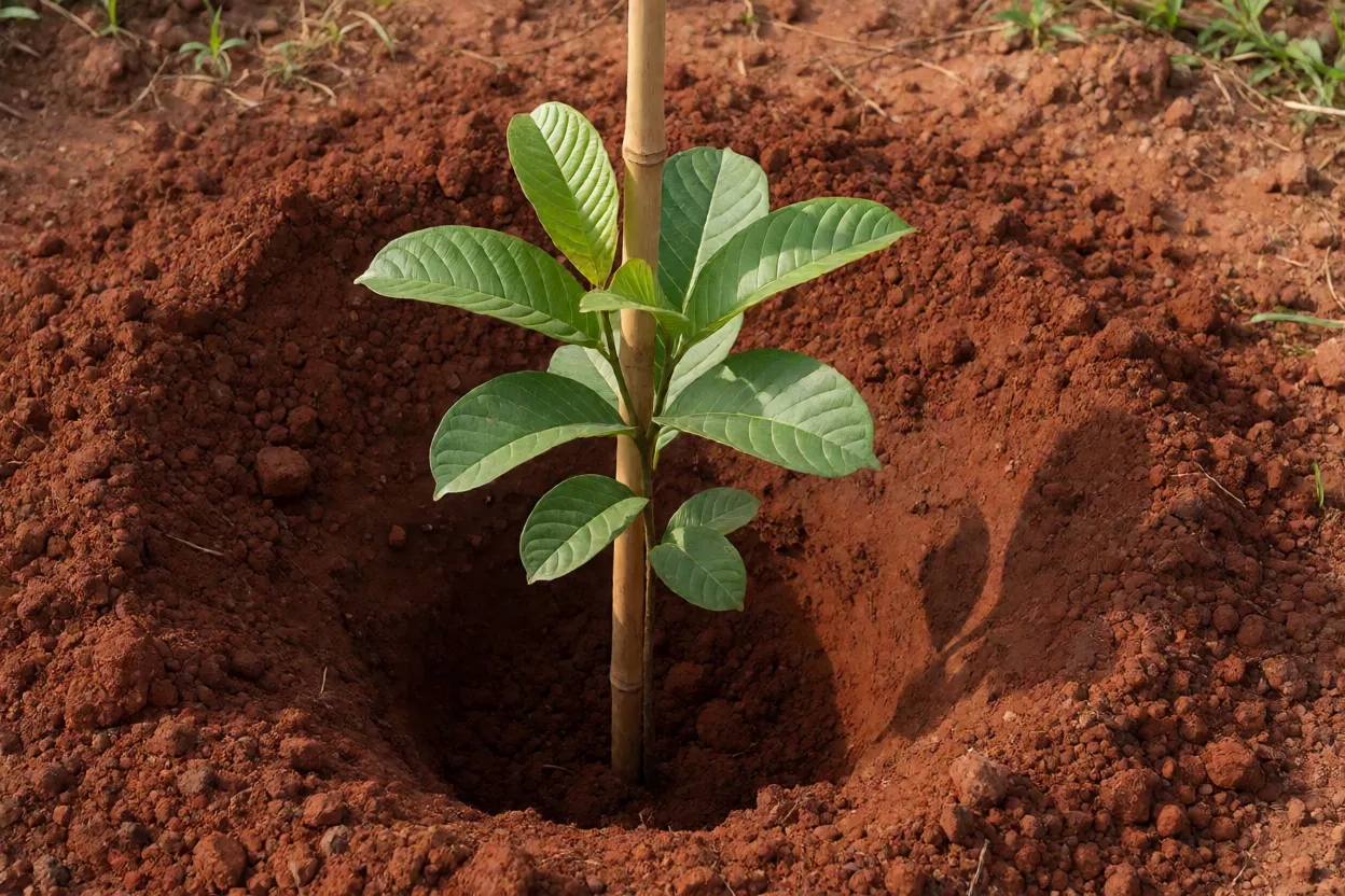Muda de goiabeira sendo plantada em cova larga