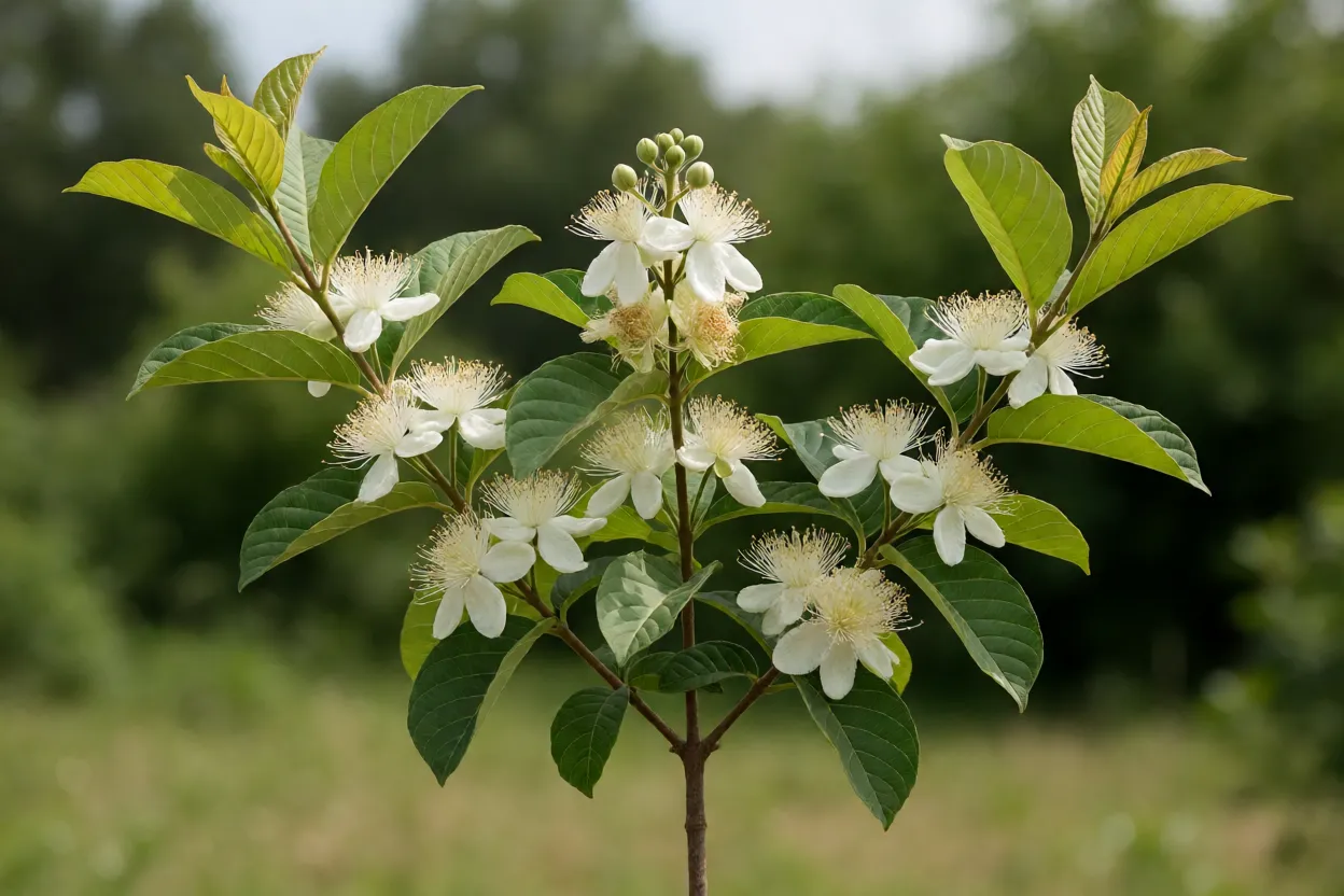 Goiabeira jovem com primeiras flores brancas