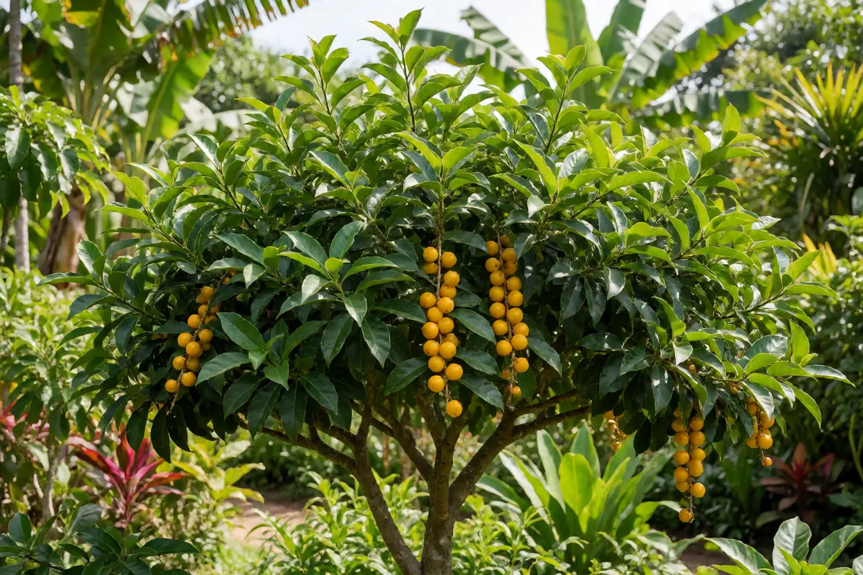 Árvore de goiabillo carregada de frutos amarelos no pomar