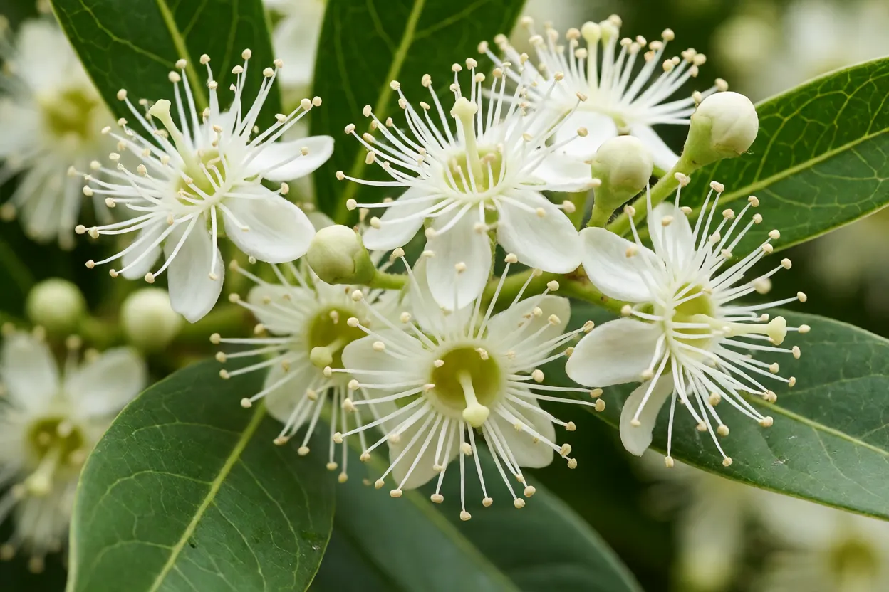Folhas brilhantes e flores brancas do goiabillo