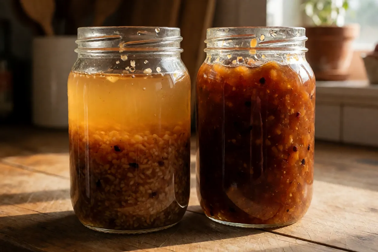 Suco e geleia de goiabillo em potes de vidro