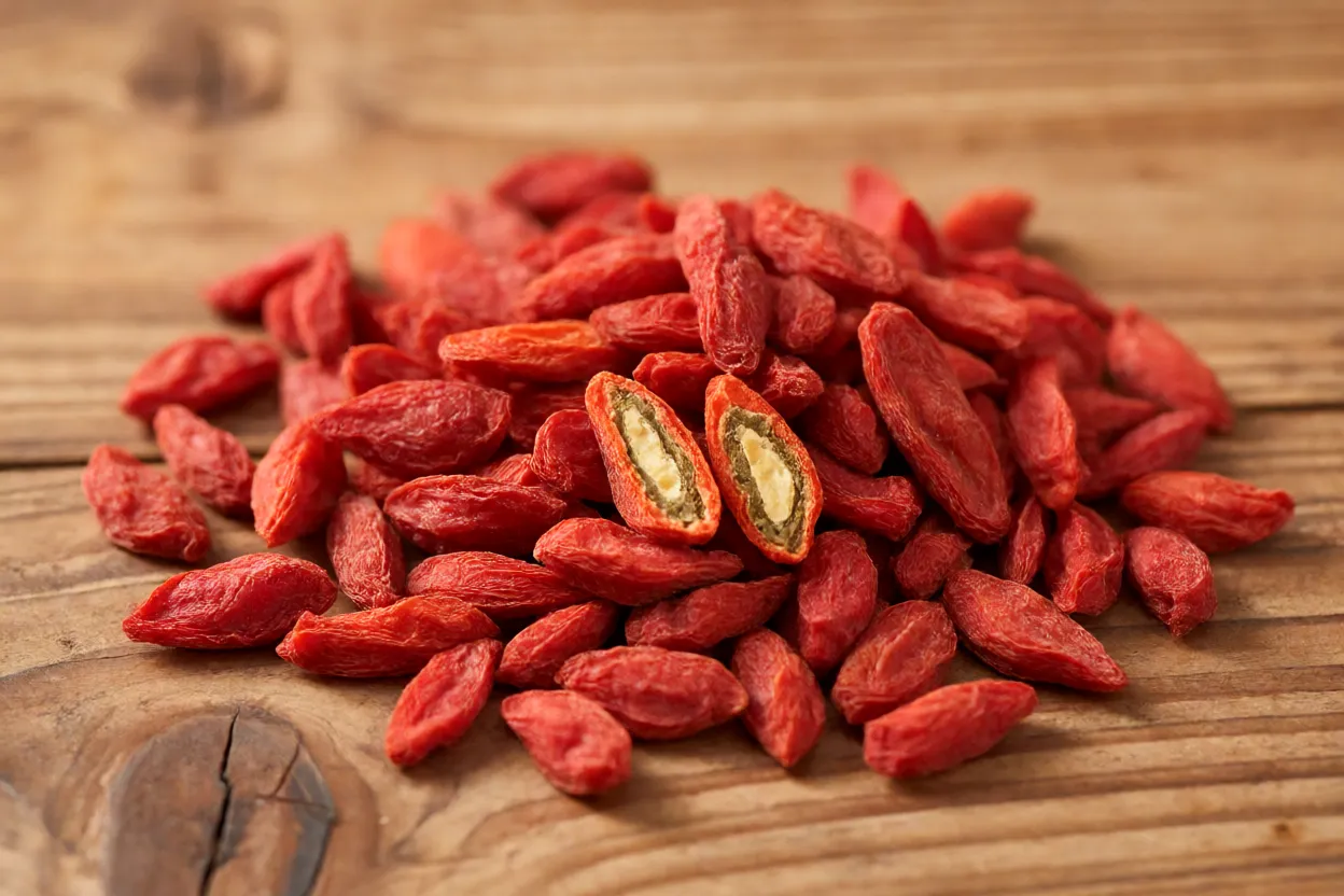 Frutos secos de goji berry inteiros e alguns cortados sobre madeira rústica