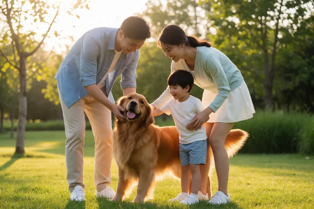 Família com Golden Retriever em momento de carinho