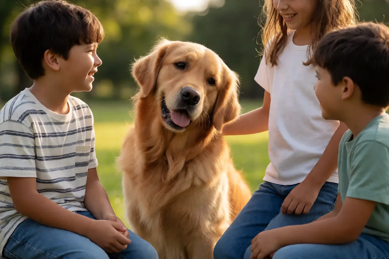 Golden Retriever interagir com crianças de forma carinhosa