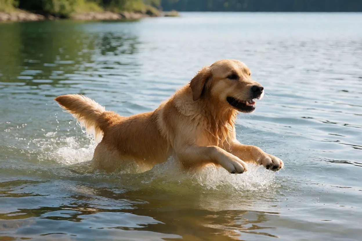 Golden Retriever nadando em lago natural