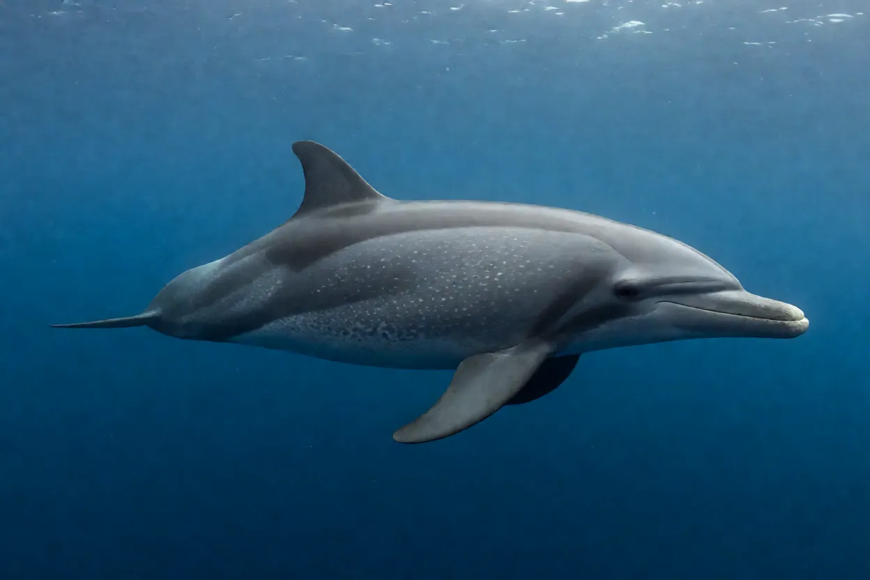 Golfinho-de-dentes-rugosos nadando em oceano aberto, corpo inteiro em vista lateral