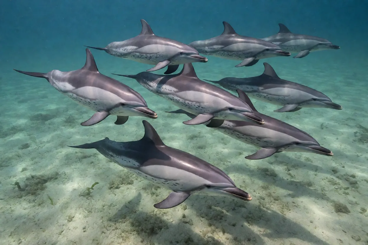 Grupo de golfinhos-pintados-do-atlântico em seu habitat na plataforma continental