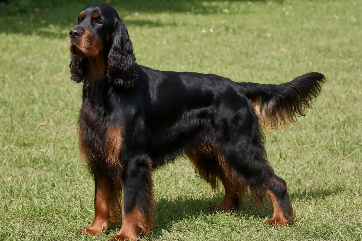 Gordon Setter adulto de corpo inteiro em pé na grama, pelagem preta e castanha