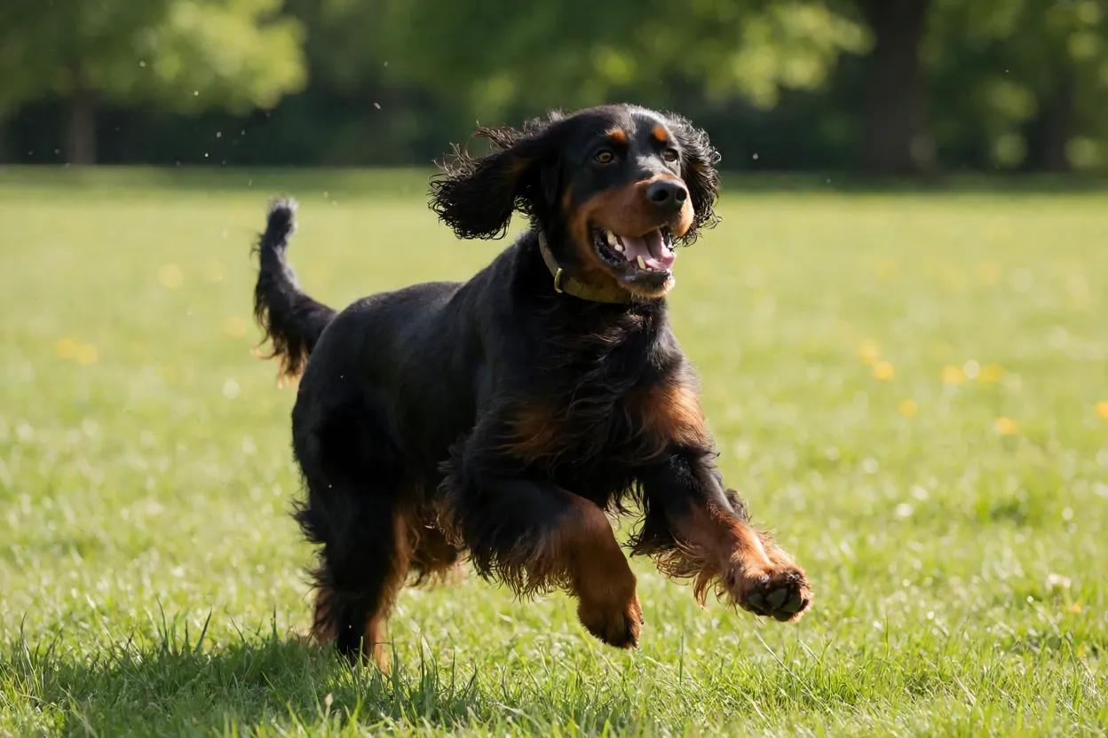 Gordon Setter correndo em campo aberto durante exercício