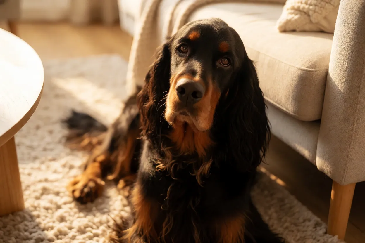 Gordon Setter deitado em tapete em ambiente doméstico aconchegante