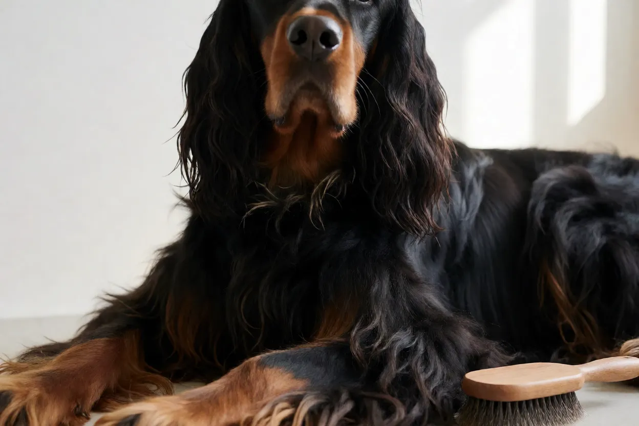 Detalhe da pelagem longa e franjas do Gordon Setter