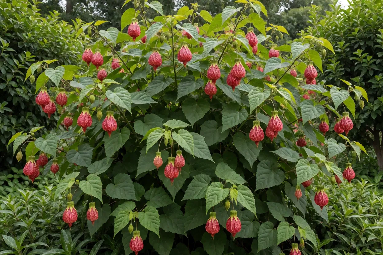 Gorro-de-vasco arbusto florido no jardim com flores pendentes rajadas