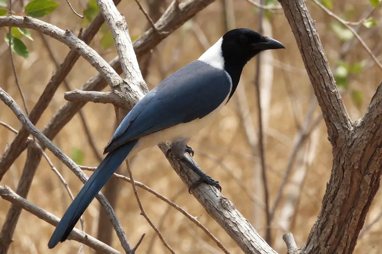 Gralha-cancã empoleirada em galho seco na Caatinga mostrando plumagem azul-escura e nuca branca