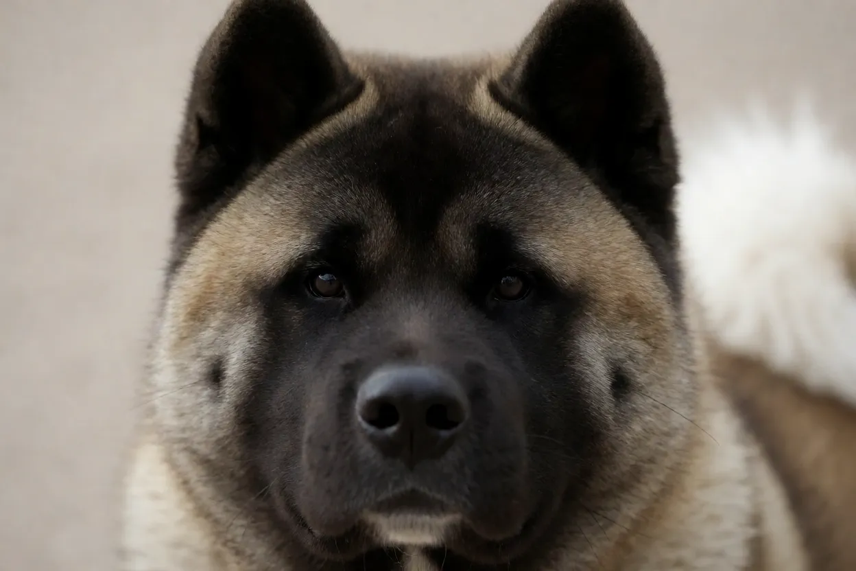 Retrato em close do rosto do Grande Cão Japonês destacando cabeça larga e máscara preta