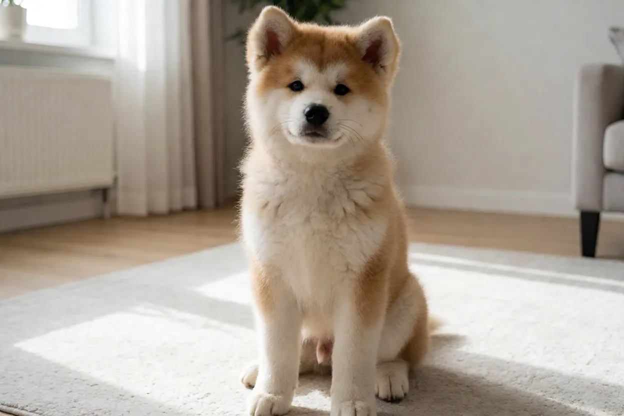 Filhote de Grande Cão Japonês de 3 meses sentado com pelagem fofa