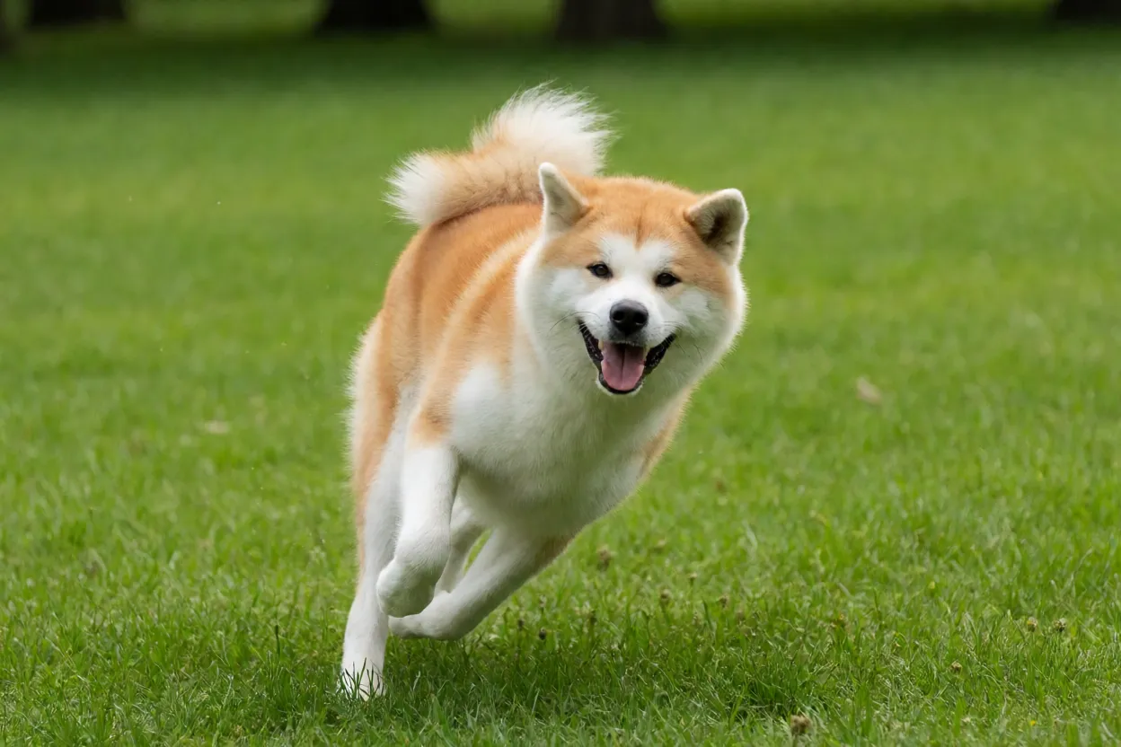 Grande Cão Japonês correndo em parque com movimento e cauda enrolada