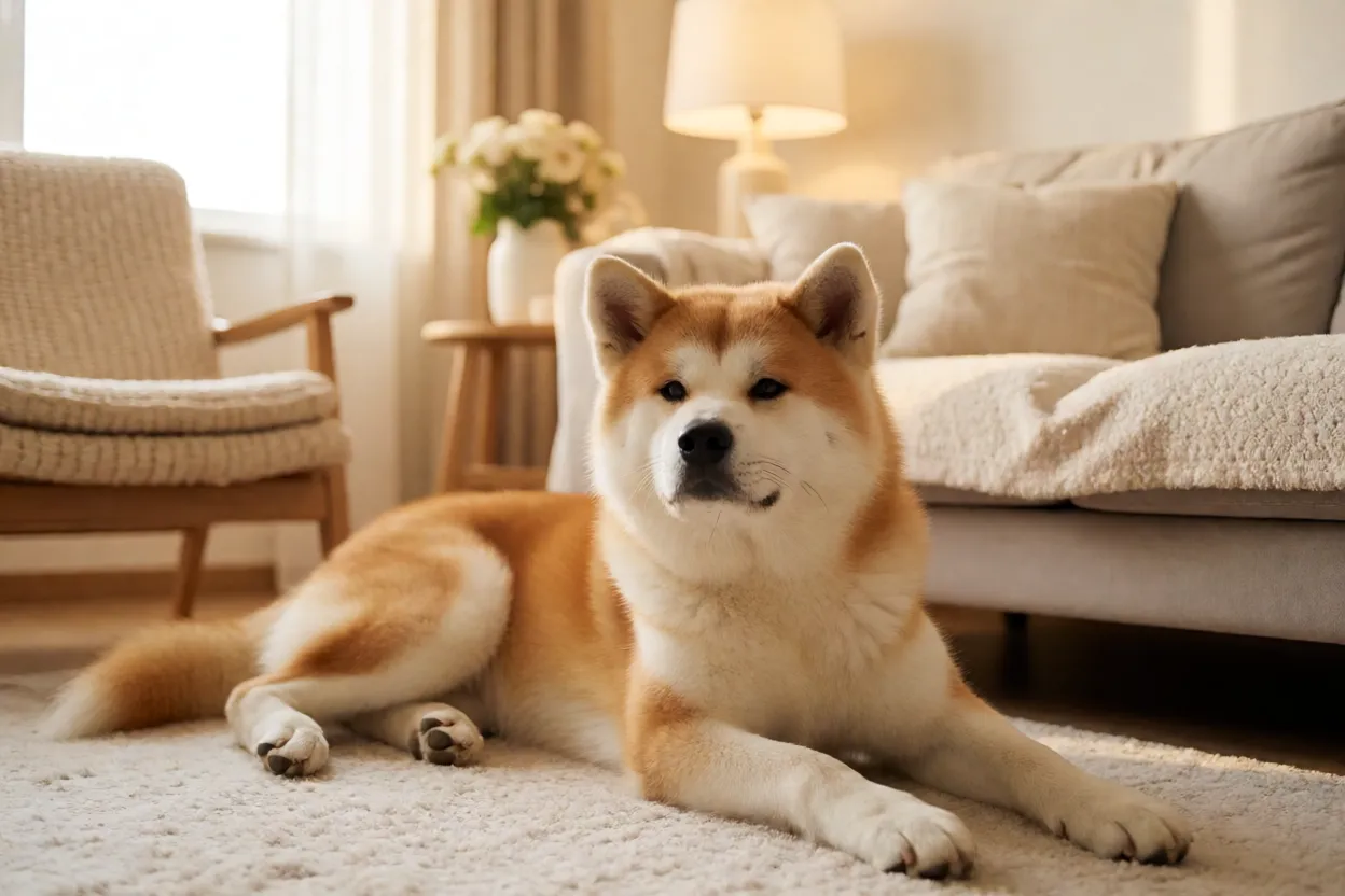 Grande Cão Japonês deitado calmamente em tapete dentro de casa