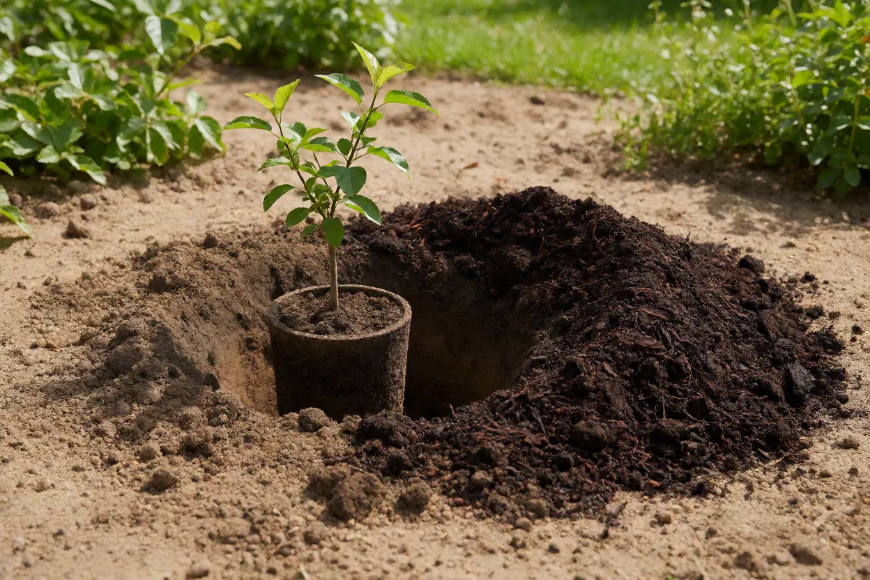 Cova aberta com solo arenoso misturado a composto org&acirc;nico para plantio de &aacute;rvore frut&iacute;fera
