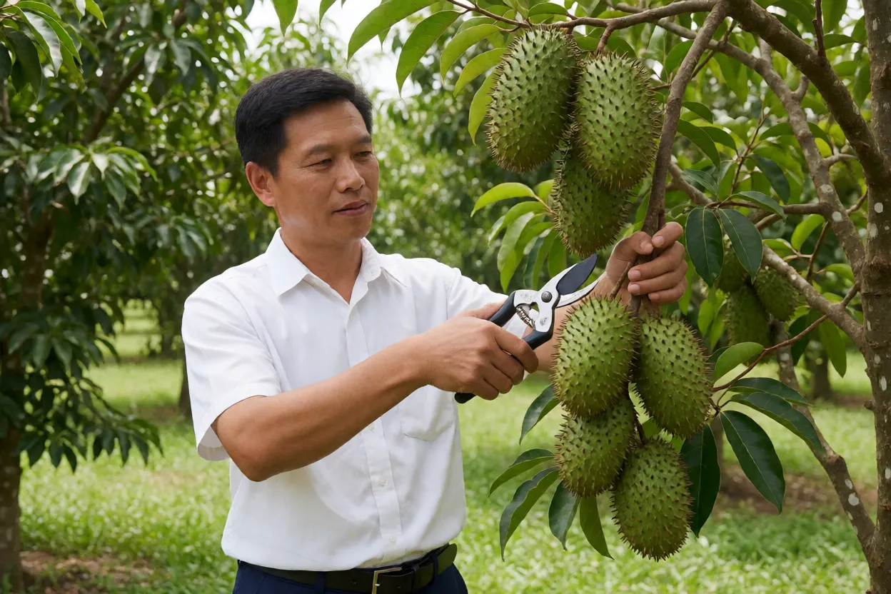 Poda de gravioleira com tesoura de poda em galho