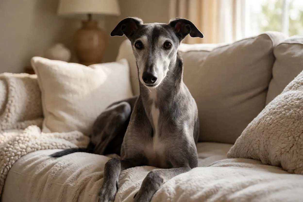 Greyhound aposentado de corrida em ambiente dom&eacute;stico aconchegante