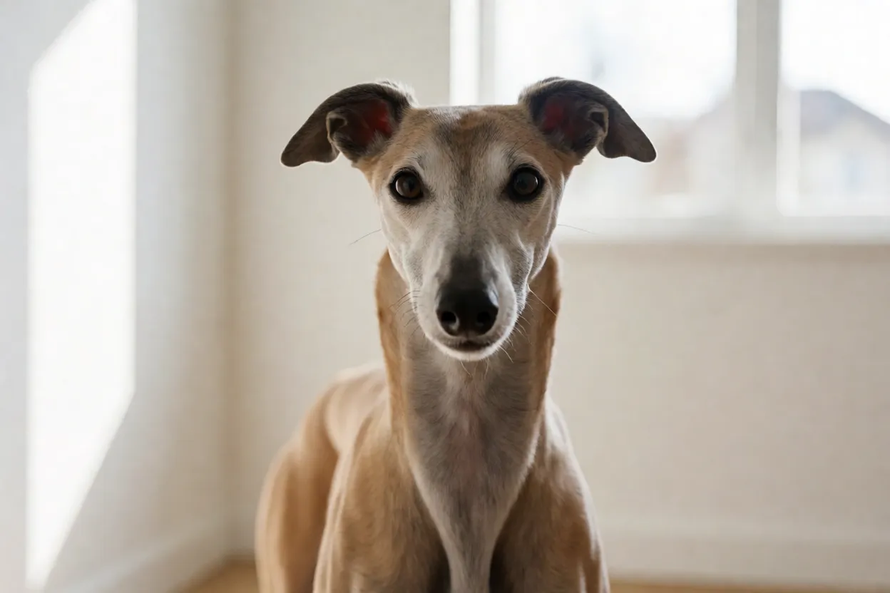 Greyhound olhando para a c&acirc;mera com express&atilde;o calma