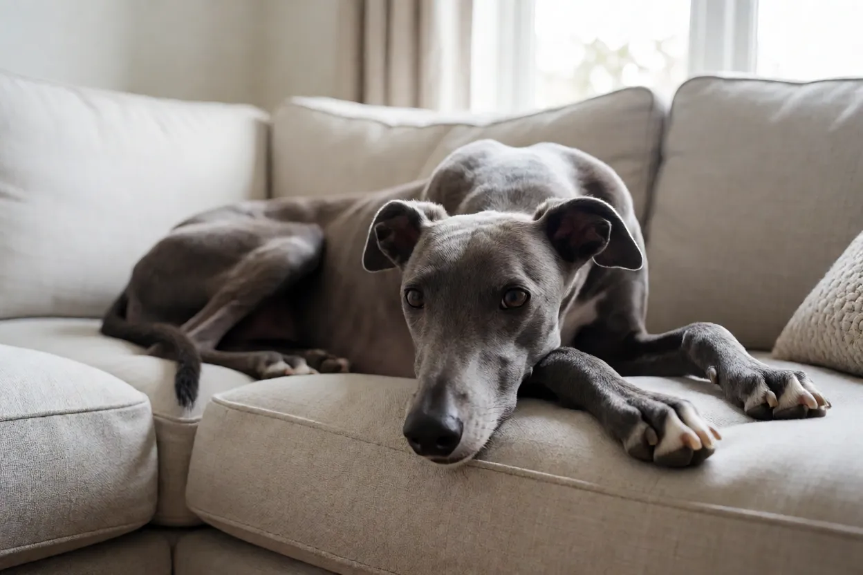 Greyhound deitado calmamente no sof&aacute;