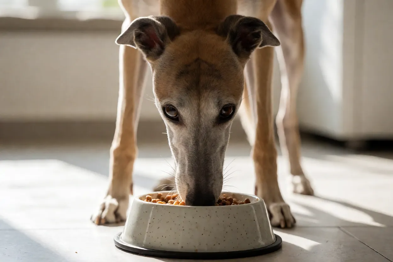 Greyhound comendo ra&ccedil;&atilde;o em comedouro no ch&atilde;o