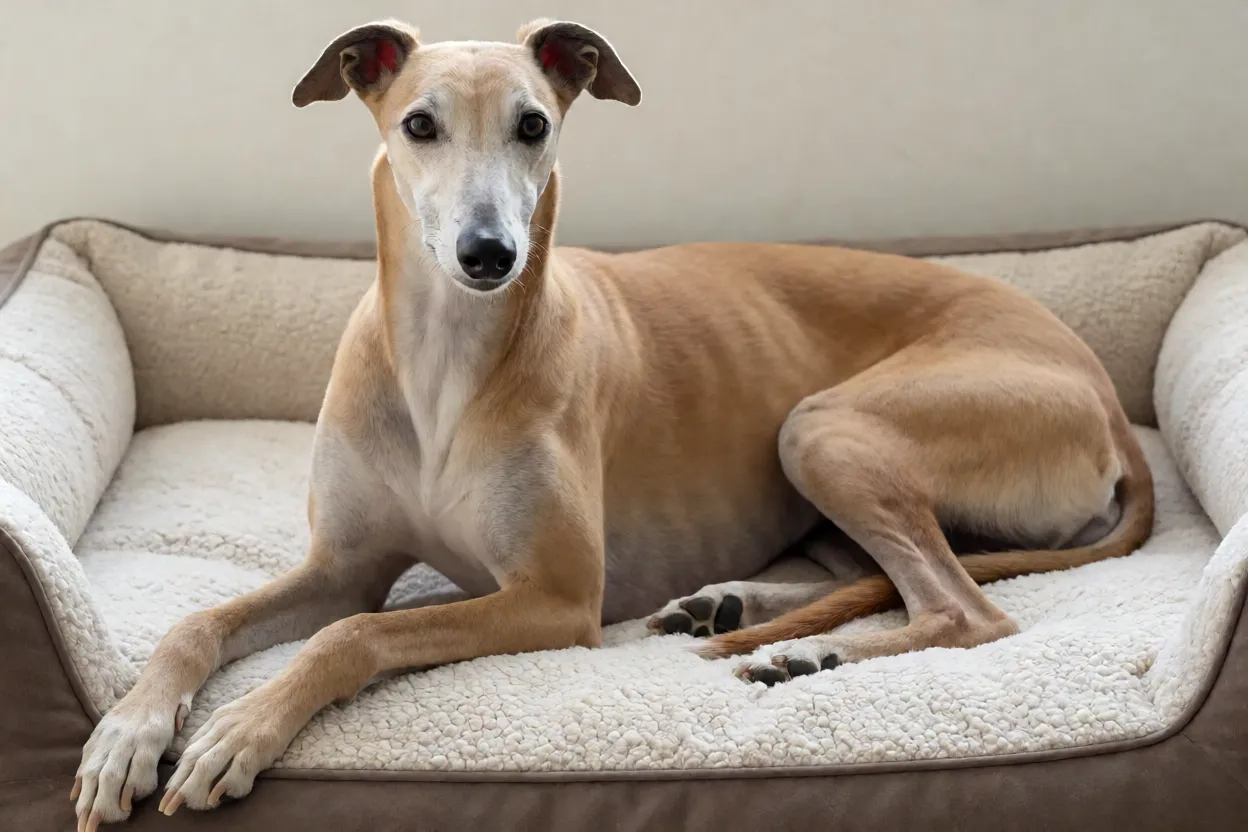 Greyhound deitado em cama ortop&eacute;dica macia