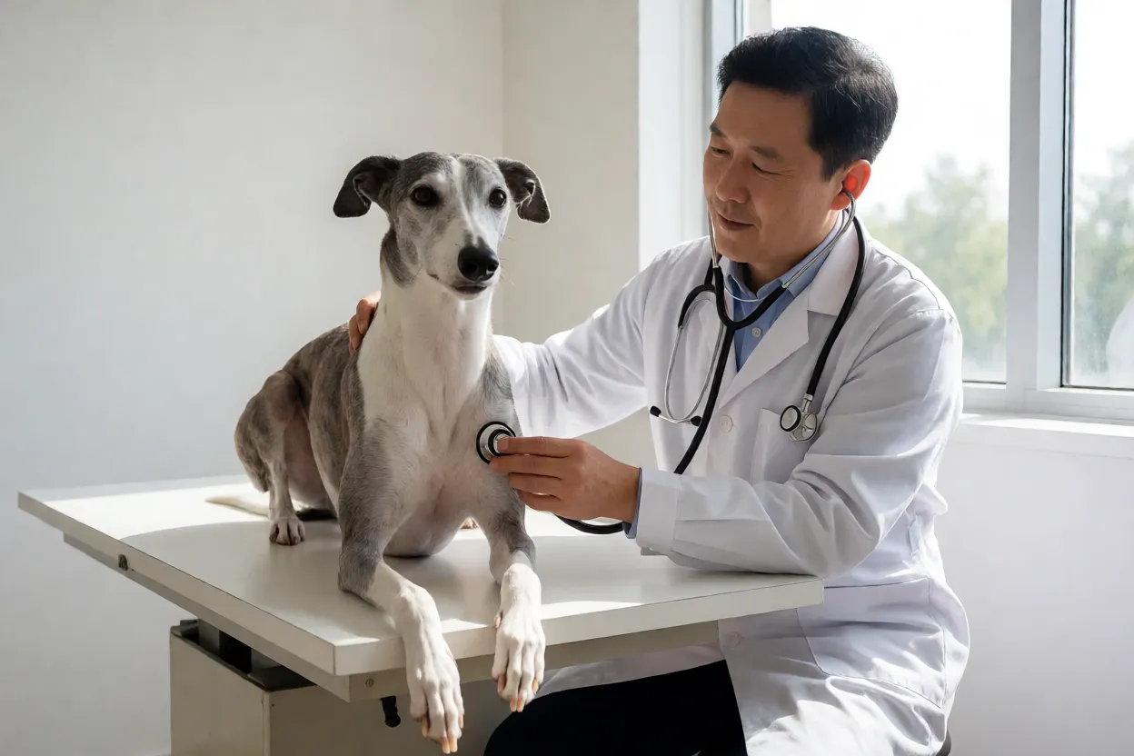 Veterin&aacute;rio examinando um Greyhound