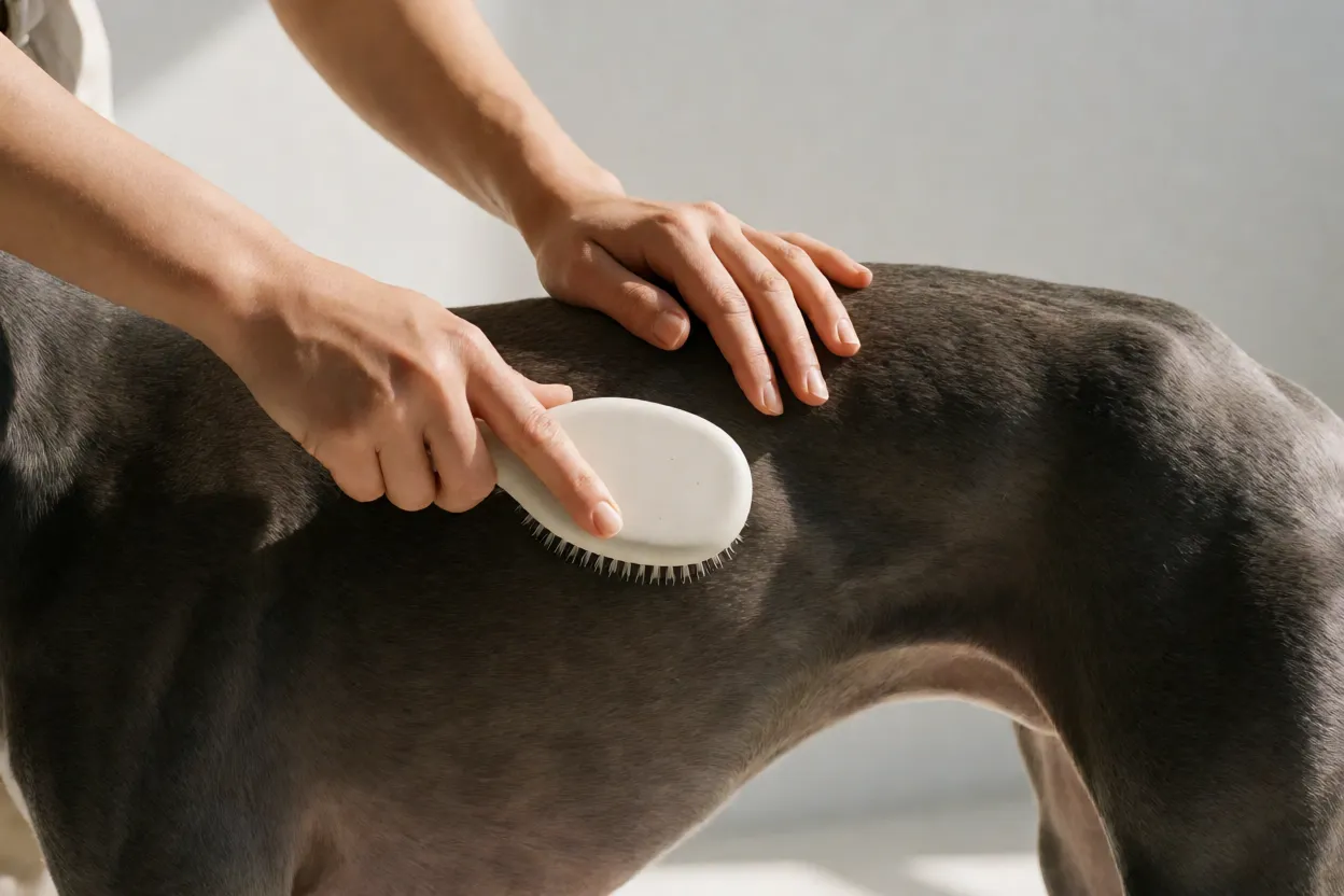 M&atilde;o escovando o pelo curto de um Greyhound
