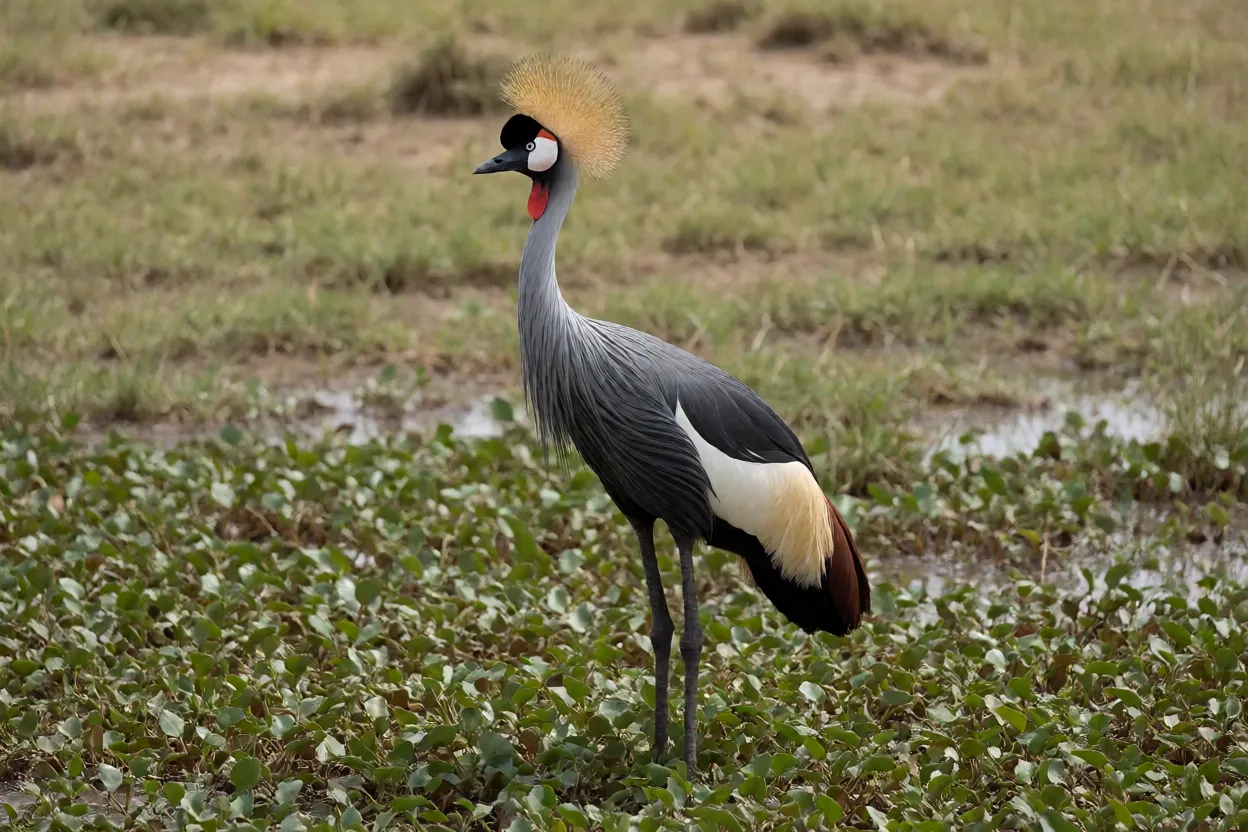 Grou-coroado de corpo inteiro em savana úmida africana