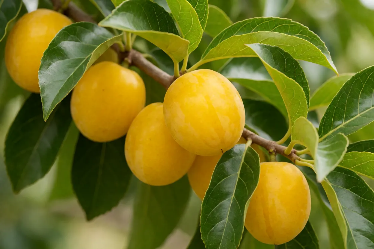 Close-up de frutos de grumixama-amarela na árvore com folhas brilhantes
