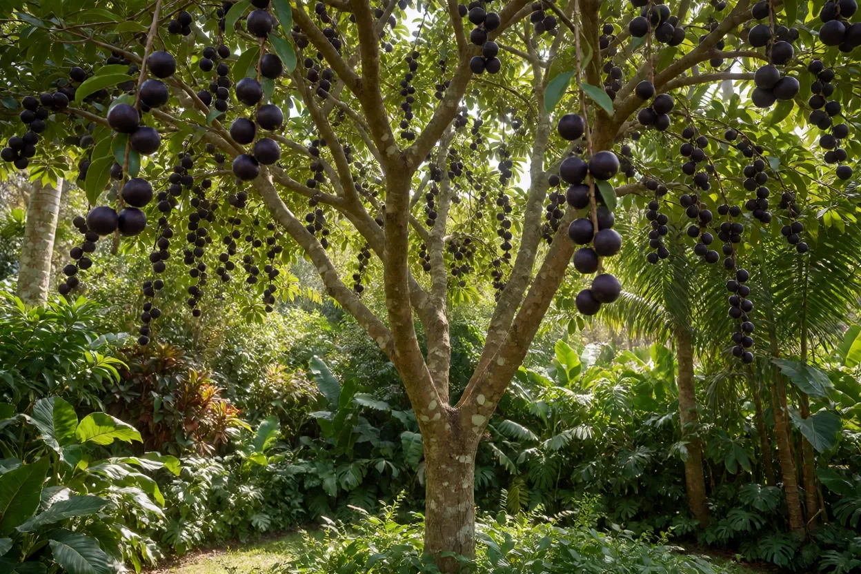 Grumixameira com frutos maduros roxo-escuros pendendo nos ramos
