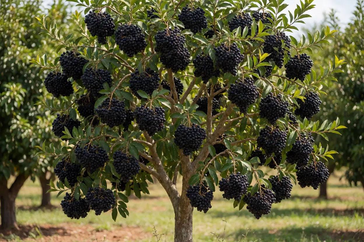 Árvore de guabiju carregada de frutos maduros roxos